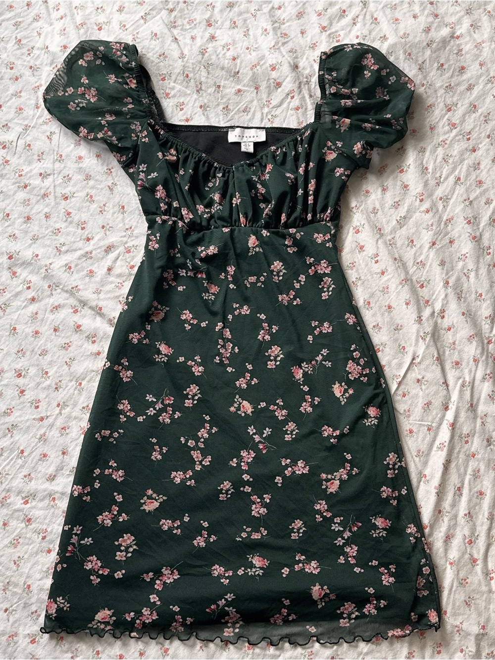 Topshop Milkmaid Dark Green Mini Dress with Pink Floral Print